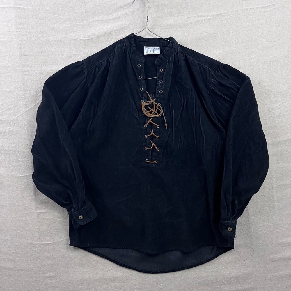 International Male Poet Shirt Mens M Black Corduroy Lace Up Pirate Goth Vintage